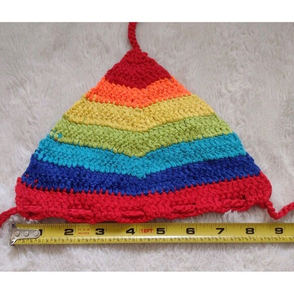 New Hand Crocheted Rainbow Color Bikini Top & Skirt Long Fringe Soft Acrylic XL - Picture 3 of 10